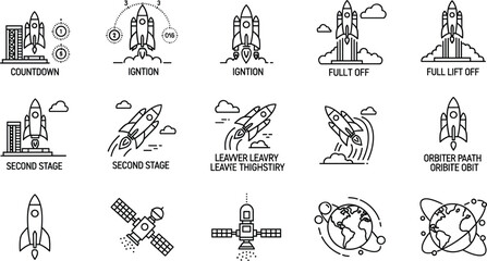 Rocket launch stages and space mission process line icon set with countdown orbit satellite vector illustration © Vactor Itbd