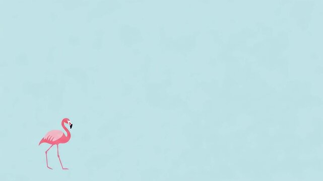 Pink flamingo walking across blue background. Minimalist illustration of tropical bird. Cute stylized animal animation for creative design and kids wall decor.