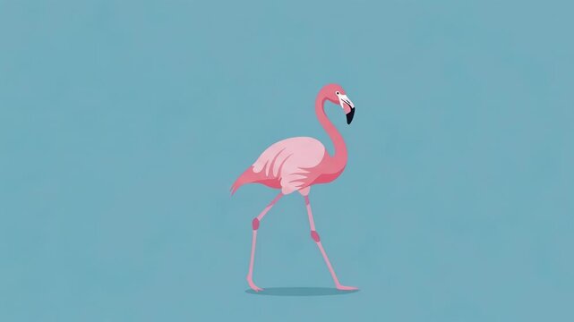 Pink flamingo walking and standing on one leg in a loop. Vector flat cartoon animation of tropical bird. Cute minimal animal character for motion graphics design.