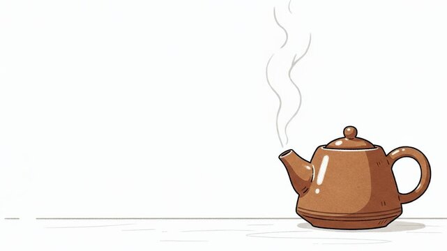 Brown ceramic teapot with steaming hot tea. Cute hand drawn illustration of kitchenware letting off steam for dining concept. Cozy beverage preparation scene.