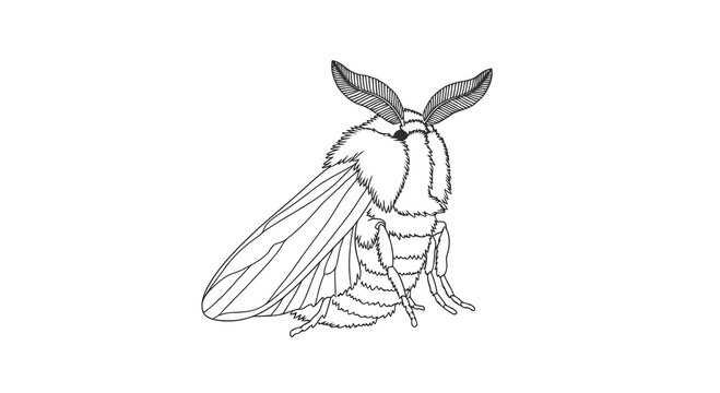 A detailed black and white drawing of a moth with large antennae and wings.