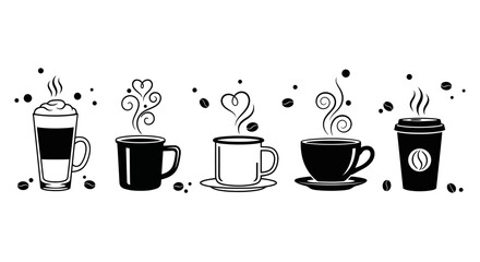 Obraz premium Five assorted coffee beverages including layered latte macchiato and steaming cups with decorative steam hearts vector graphic