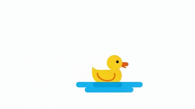 Yellow rubber duck swimming in blue water. Cute cartoon animal illustration for nursery design. Minimalist vector character moving across flat background.