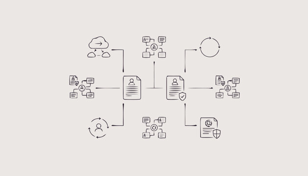 Complex data flow diagram illustrating interconnected digital processes and information exchange.