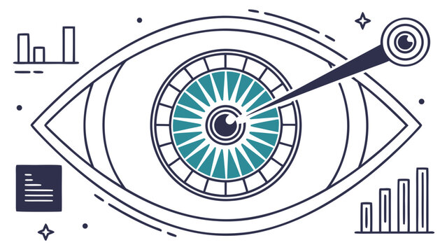 A vector graphic illustration of a stylized eye with a magnifying glass, surrounded by various design elements and charts.