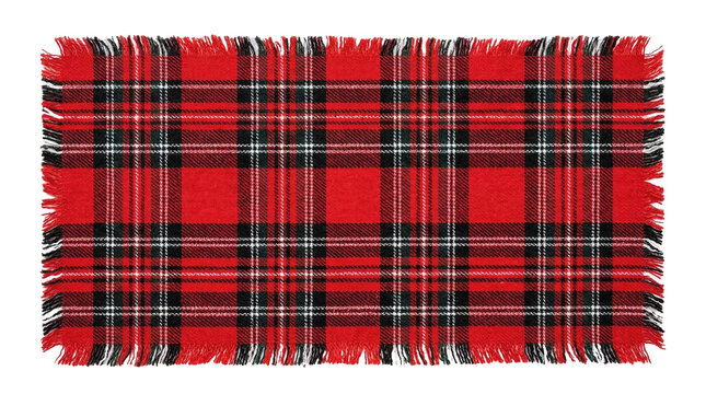 Red and black checkered tartan wool rug on white background