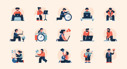 Fototapeta premium Diverse professionals engaged in various tasks, often with laptops and clocks