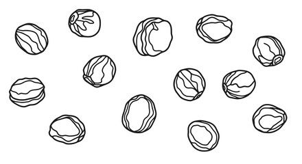 Fototapeta premium A simple black and white illustration of scattered almonds on a plain background.