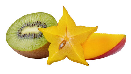 Fototapeta premium Isolated delicious fresh sliced tropical fruits a kiwi, a star fruit, and a mango slice