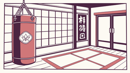 A minimalist vector illustration of a martial arts training room with a punching bag