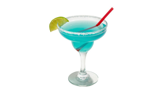 Isolated vibrant blue margarita cocktail in a classic glass with lime wedge and salted rim