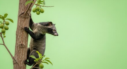 Fototapeta premium Cute Baby Raccoon Climbing Tree with Green Fruits on Bright Background