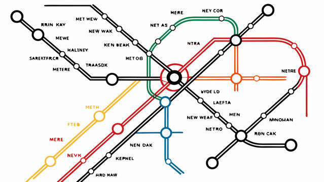 A vector graphic illustration of a stylized metro map with colorful lines and stations on a white background