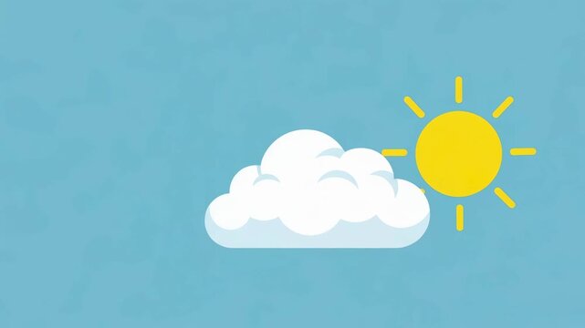 Yellow sun and white cloud floating on blue sky. Minimalist weather icon animation. Cute flat cartoon weather illustration for meteorology forecasting concept.