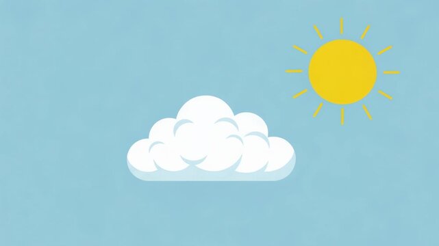 Yellow sun appearing behind a white cloud in blue sky. Animated weather icon showing sunrise process. Minimalist flat vector illustration of sunny day cycle.