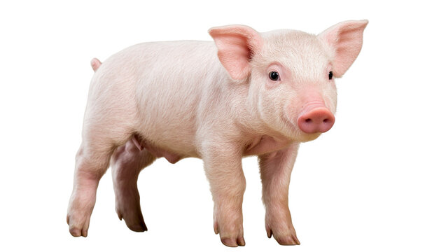 Isolated cute pink piglet standing full length, an adorable baby pig looking directly at camera