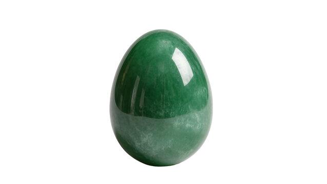 Isolated smooth polished green jade egg-shaped gemstone with natural veins and shiny surface.