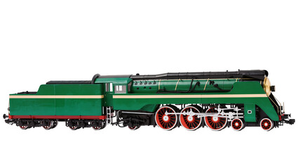 Isolated detailed vintage green steam train locomotive model with red wheels and tender