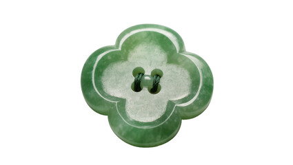 Isolated green jade clover button with thread, elegant antique gemstone clothing accessory © Ivan