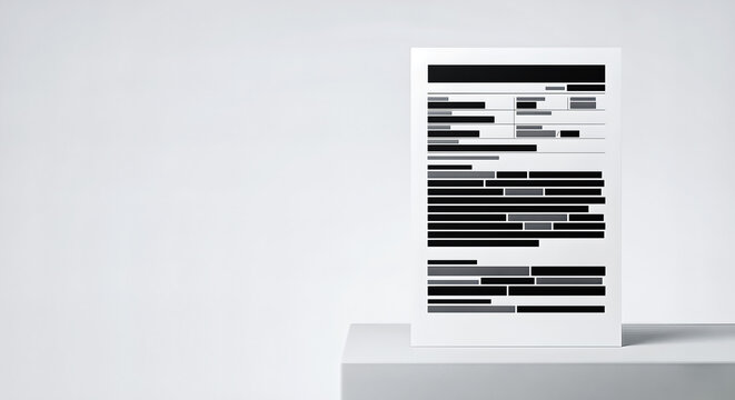 Redacted legal document on a minimalist white surface