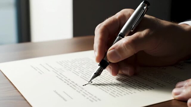 Video of Legal Document Signing Area in minimal office setting highlighting compliance, negotiation process and formal approval symbolism for enterprise storytelling visuals; controlled push-in toward