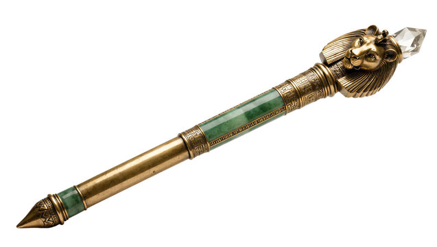 Isolated ornate ancient scepter with lion head, crown, crystal, and jade stone