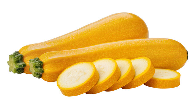 Isolated fresh delicious yellow zucchini squash and neatly arranged round slices