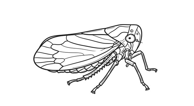 A simple black and white drawing of a cicada insect with wings and legs.