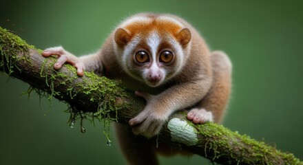 Fototapeta premium Close-Up of a Curious Red-Lemur Monkey Clinging to a Moss-Covered Tree Branch in Natural Habitat
