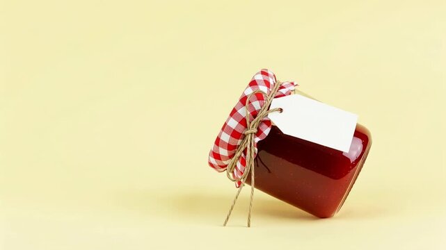 Red strawberry jam jar with checkered decorative fabric cover and blank white label. Traditional fruit preserve packaging design for kitchen and food industry.