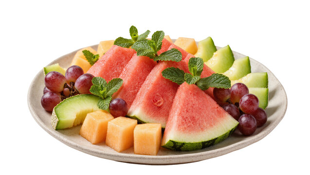 Isolated fresh assorted fruit platter with juicy watermelon, sweet melon cubes, and red grapes.