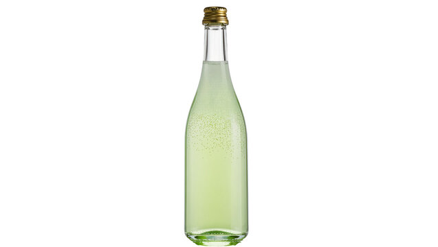 Isolated glass bottle with sparkling green carbonated beverage and golden screw cap