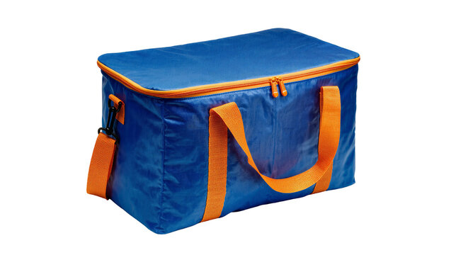 Isolated blue soft-sided insulated cooler bag with orange straps and zipper for food and drinks