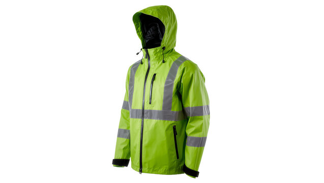 Isolated vibrant green high-visibility waterproof jacket with reflective stripes and hood