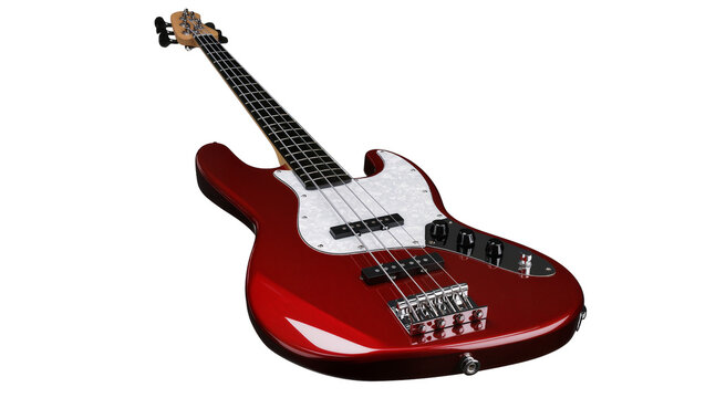 Isolated red electric bass guitar with a pearloid pickguard, a modern four-string musical instrument