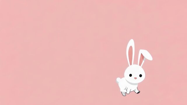 Cartoon rabbit jumping on pastel pink background. Minimalist animal illustration for children. Cute bunny character animation frame sequence for creative project.