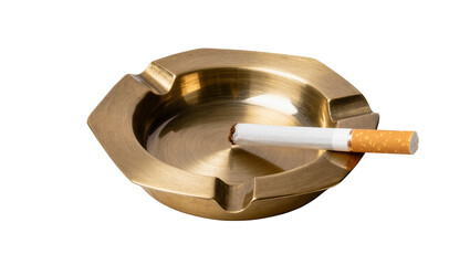 Isolated lit cigarette smoldering in a classic bronze ashtray, studio product photography © Elena
