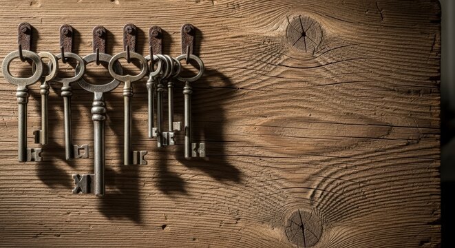 Old metal keys on wooden background.