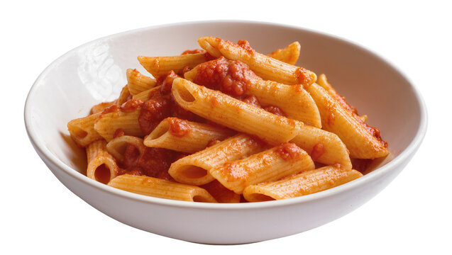 Isolated bowl of traditional Italian penne pasta with rich red tomato sauce, delicious meal