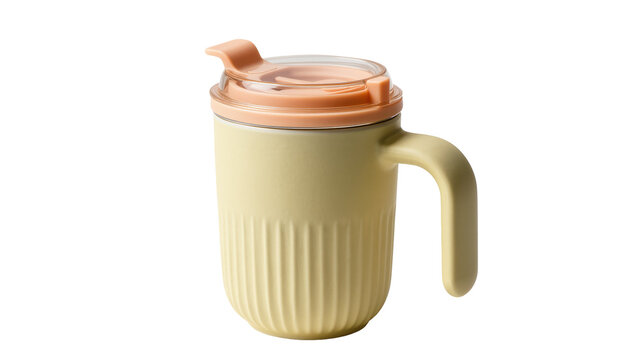 Isolated reusable insulated travel mug with handle, ribbed body, and clear peach flip-top lid