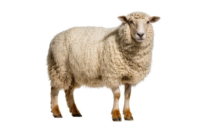 Isolated standing domestic sheep with thick creamy wool looking directly at camera © Maria