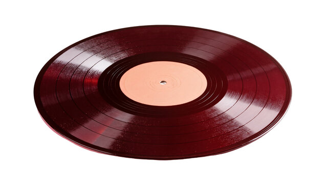 Isolated vintage classic dark red vinyl record music album disc with blank label for your design