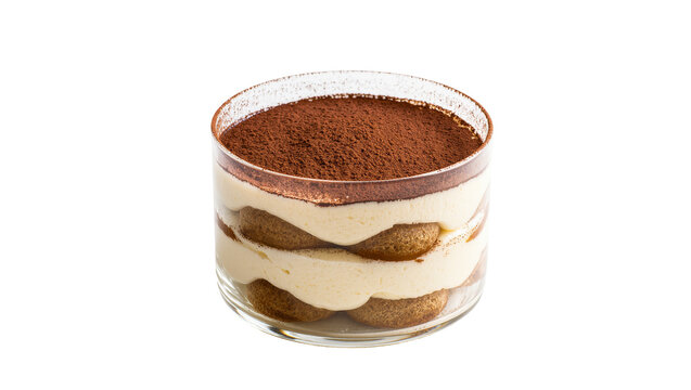 Isolated classic Italian tiramisu dessert in a clear glass cup, layered with cream and cocoa