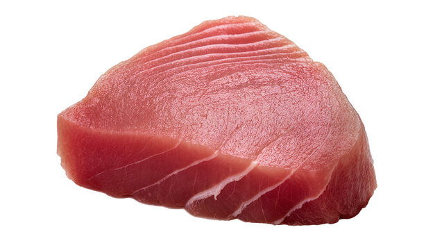 Isolated fresh uncooked tuna loin steak with rich red color for delicious seafood meal.