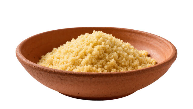 Isolated traditional North African couscous grains in terracotta bowl ready for cooking