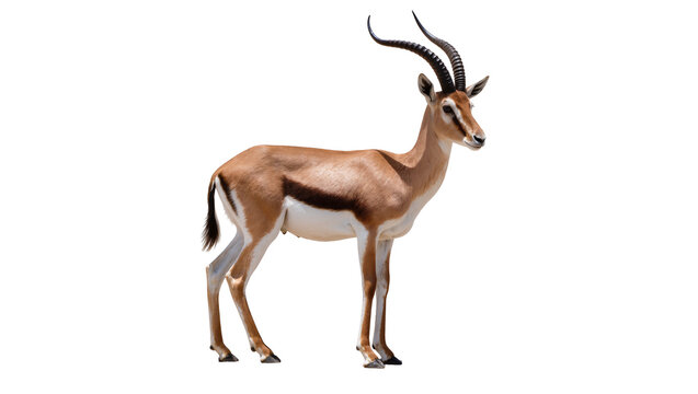 Isolated elegant gazelle standing, graceful brown antelope with long curved horns, side view