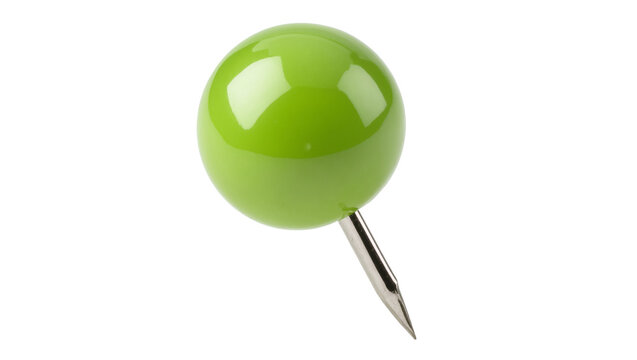 Isolated glossy green round thumbtack, sharp metallic pin, common office and organizational tool