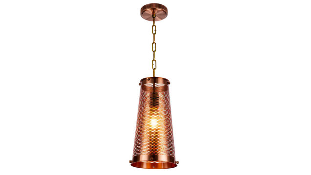Isolated elegant copper perforated metal pendant light fixture with a glowing bulb on a chain