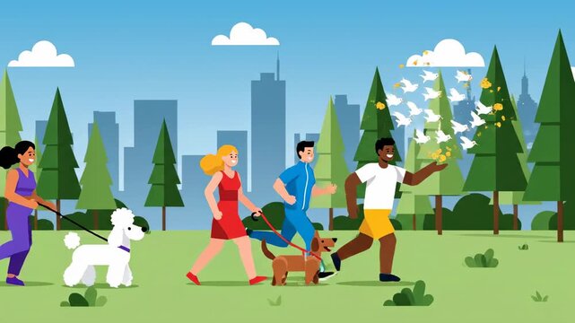 Animated people exercising and walking dogs in city park with pigeons and trees against skyline background