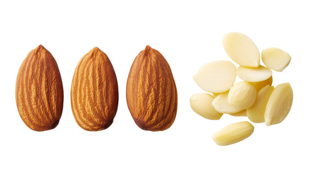 Isolated almonds, whole with skin and blanched, fresh and healthy snack ingredients